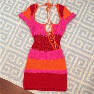 Danielle Guzio Colorful Knit Dress with Lace-Up Detail NWOT S